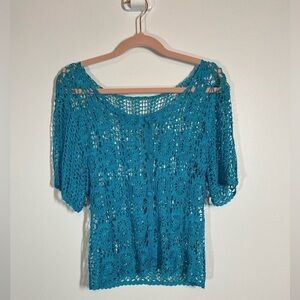 Crochet Top Handmade Size S Short Sleeve Grandmacore Turquoise